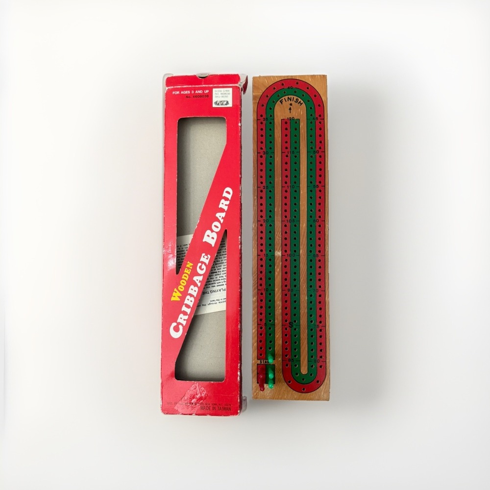 Vintage Woolworth Wooden Cribbage Board Game Red Green 2-Track with Box Pegs